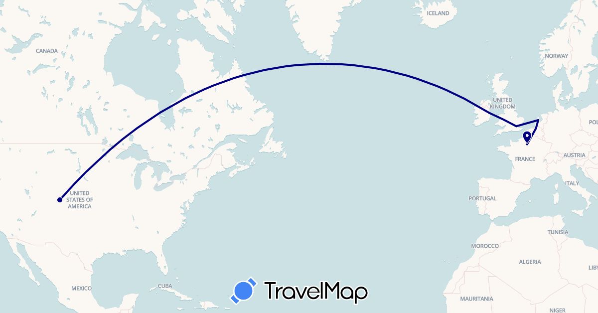 TravelMap itinerary: driving in Belgium, France, United Kingdom, Ireland, Netherlands, United States (Europe, North America)